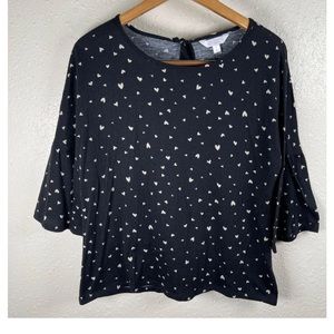 LC Lauren Conrad Top Womens Large Black Ivory Heart Print 3/4 Bell Sleeve